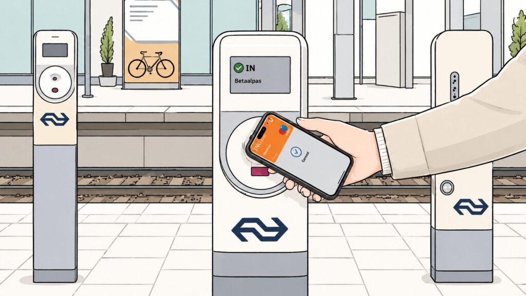 オランダ鉄道の改札ポールにタッチ決済用クレジットカードをかざす様子