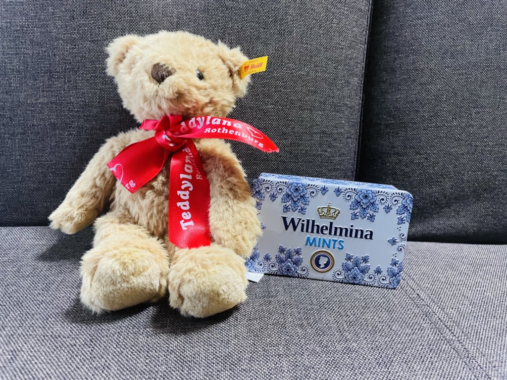 テディランドで購入したシュタイフのテディベア。Teddyland Rothenburgと入った赤いリボンを結び、耳に黄色いシュタイフのタグが付いている