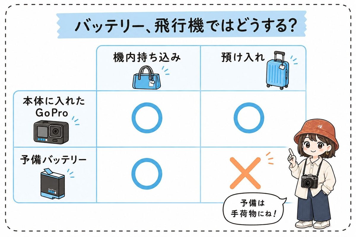 GoProバッテリーの飛行機での扱い:本体に入れたGoProは機内持ち込みも預け入れもOK、予備バッテリーは機内持ち込みのみで預け入れは不可