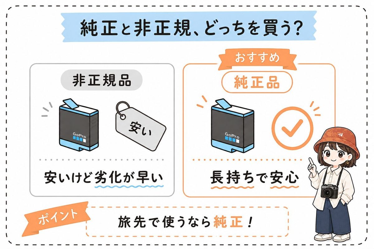 GoProバッテリーの純正品と非正規品の比較:非正規品は安いが劣化が早い、純正品は長持ちで安心。旅先で使うなら純正がおすすめ