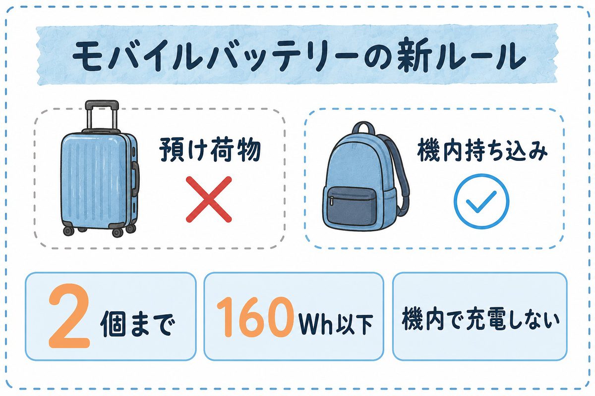モバイルバッテリーの機内持ち込みルール。預け荷物は不可、2個・160Wh以下まで