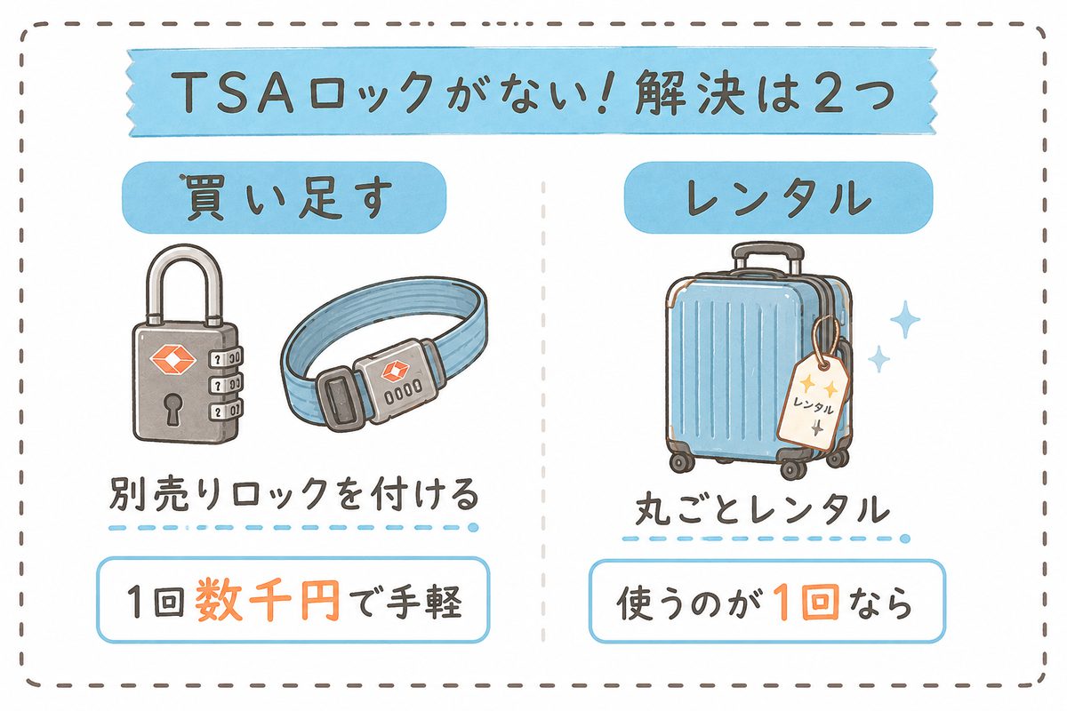 TSAロックが付いていないスーツケースの解決方法：別売りTSAロックを付ける、またはレンタルする