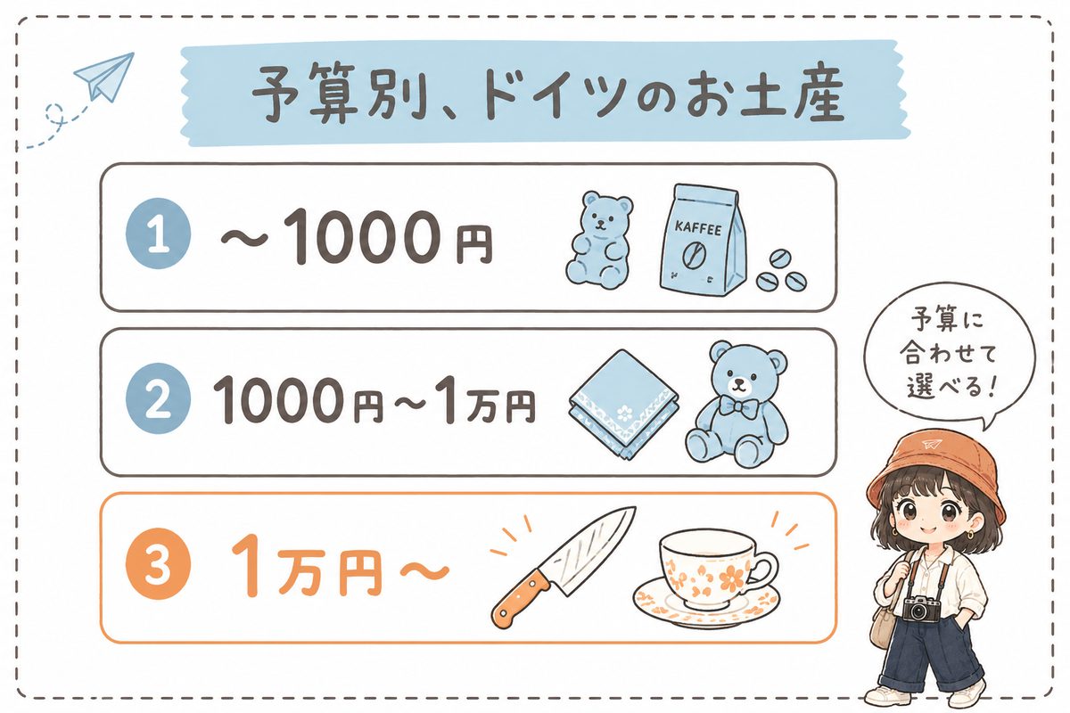 1000円以内・1000円〜1万円・1万円〜の3段階でドイツのお土産を紹介する図解