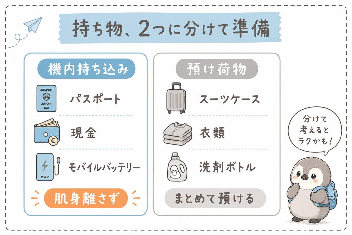 機内持ち込み品と預け荷物を2列で示した持ち物チェックリストの図解