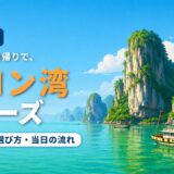 ハロン湾のエメラルドグリーンの海と石灰岩の島々を進むクルーズ船のイラスト。ハノイ発の日帰りツアーの料金相場と選び方を紹介する記事のアイキャッチ