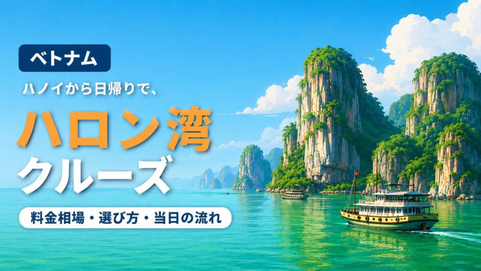 ハロン湾のエメラルドグリーンの海と石灰岩の島々を進むクルーズ船のイラスト。ハノイ発の日帰りツアーの料金相場と選び方を紹介する記事のアイキャッチ