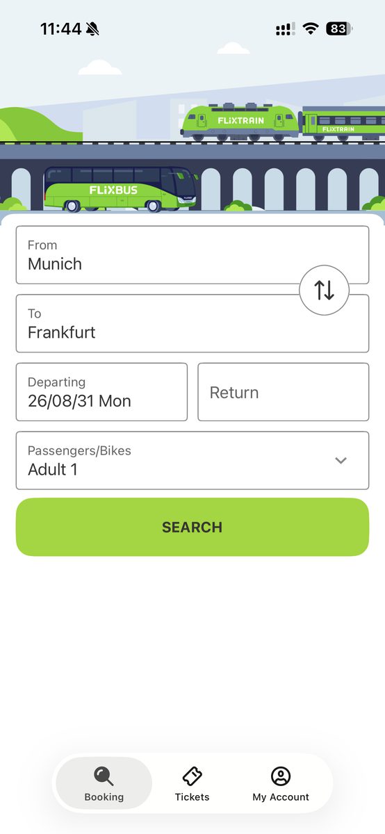 FlixBusアプリのホーム画面。FromにMunich、ToにFrankfurtを入力して検索する