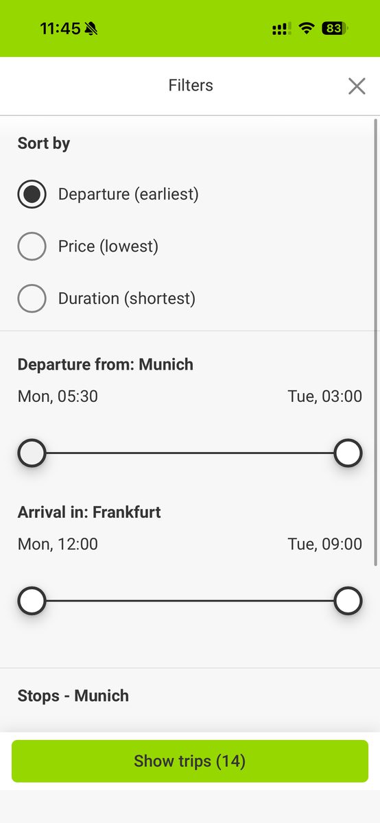 FlixBusアプリの絞り込み画面。出発が早い順・料金が安い順・所要時間が短い順で並べ替えできる