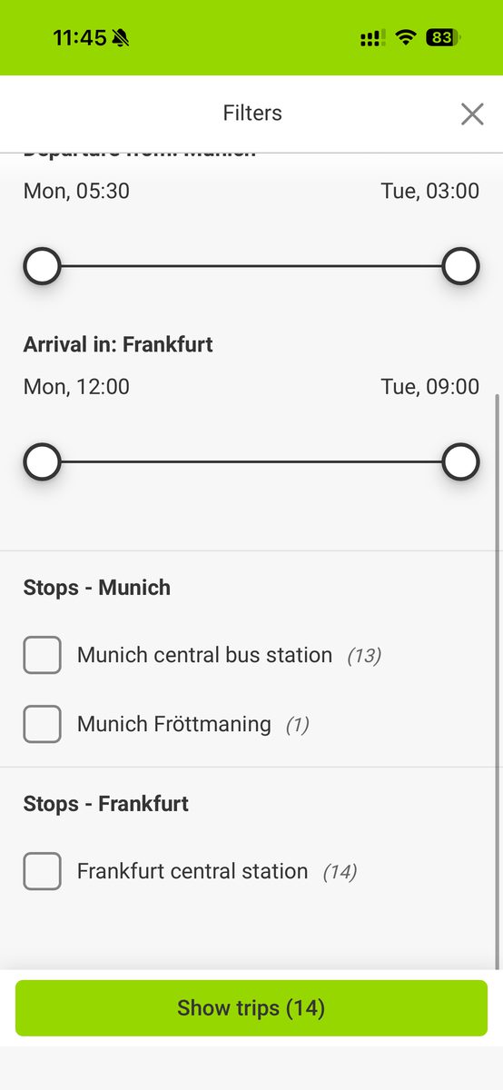 FlixBusアプリの絞り込み画面。ミュンヘンとフランクフルトの発着バス停を選べる