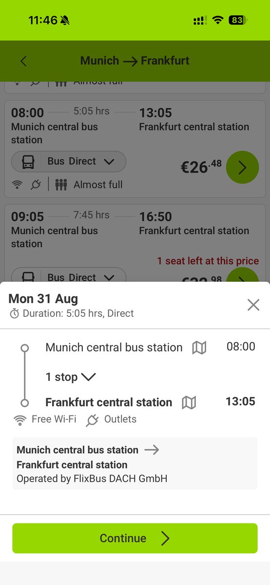 FlixBusアプリの便の詳細画面。無料Wi-Fiと電源のアイコン、運行会社FlixBus DACH GmbHが表示されている