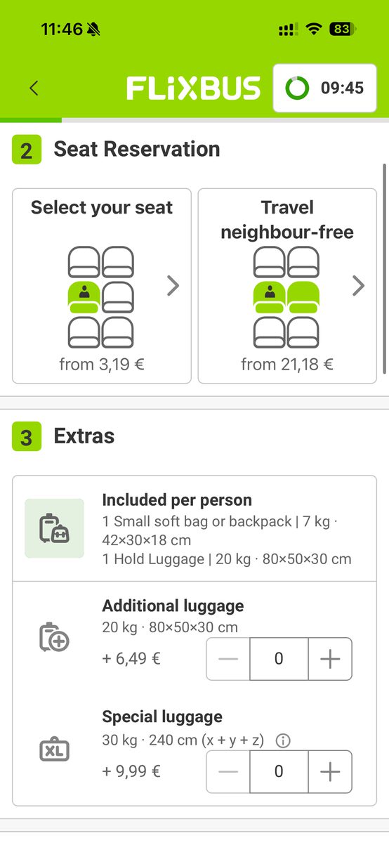 FlixBusアプリの追加オプション画面。無料手荷物の寸法と、追加荷物・特殊荷物の料金が表示されている