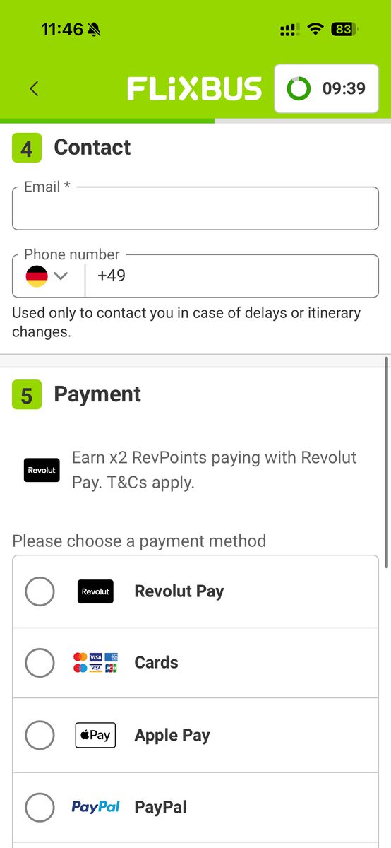FlixBusアプリの連絡先入力と支払い方法の選択画面