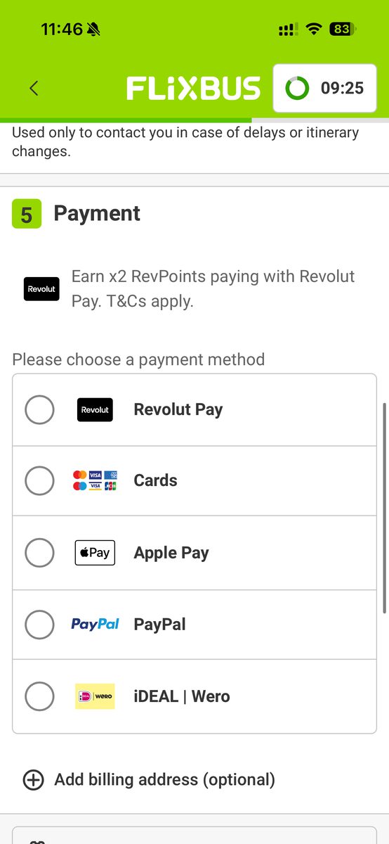 FlixBusアプリの支払い方法一覧。Revolut Pay・カード・Apple Pay・PayPal・iDEALが選べる