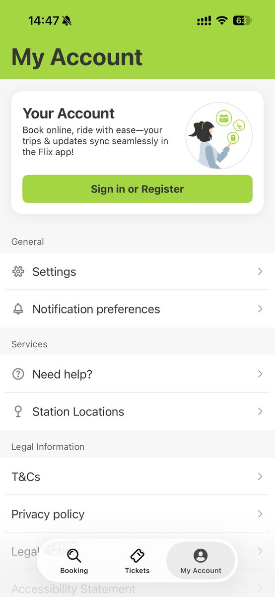 FlixBusアプリのMy Account画面。Settingsから言語や通貨を変更できる