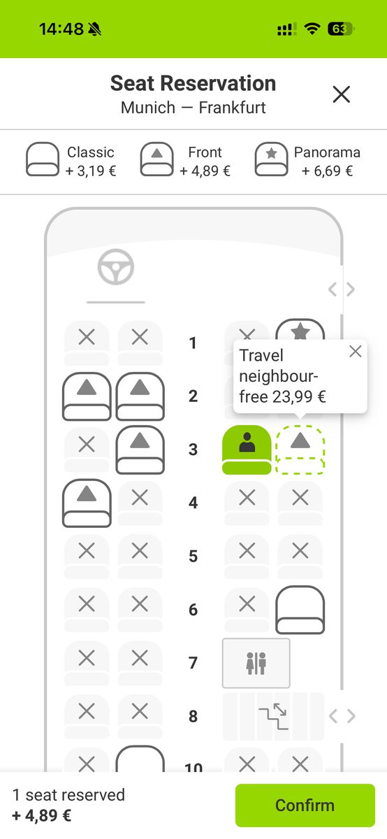 FlixBusアプリの座席指定画面で隣席を確保するTravel neighbour-freeを選んだところ