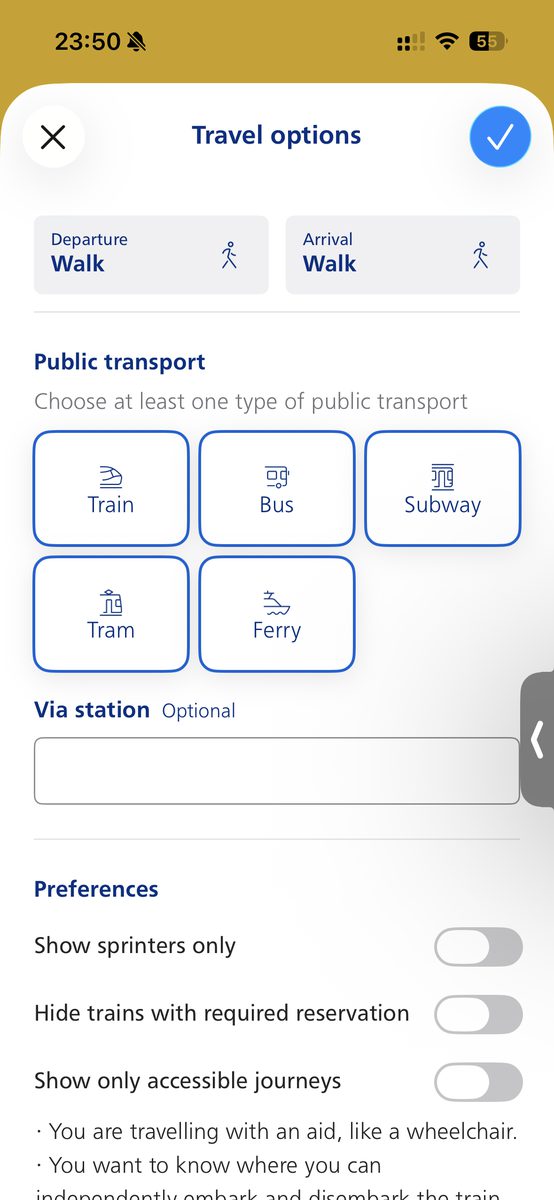 NSアプリの検索オプション(Travel options)設定画面