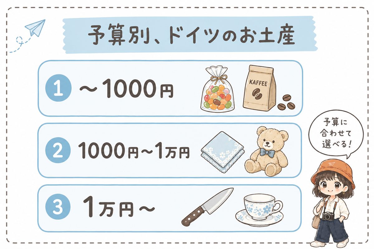 1000円以内・1000円〜1万円・1万円〜の3段階でドイツのお土産を紹介する図解