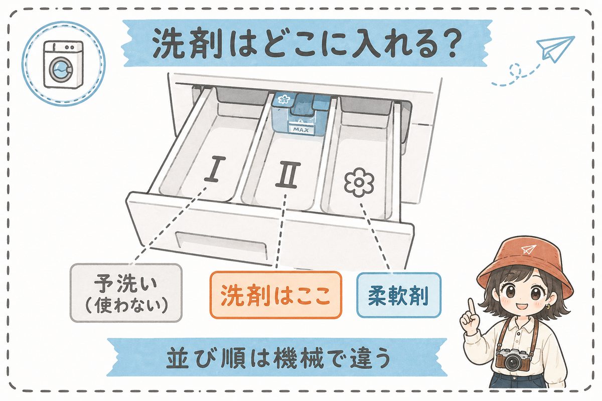 ドイツの洗濯機の洗剤投入口の見分け方。Iは予洗い、IIが本洗いの洗剤、花マークが柔軟剤