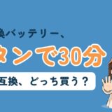 GoProの純正バッテリーと互換バッテリーを比べる記事のアイキャッチ。「安い互換バッテリー、満タンで30分」のコピーとともに、すぬが困った顔で手のひらを見せ、かぬが隣にいる
