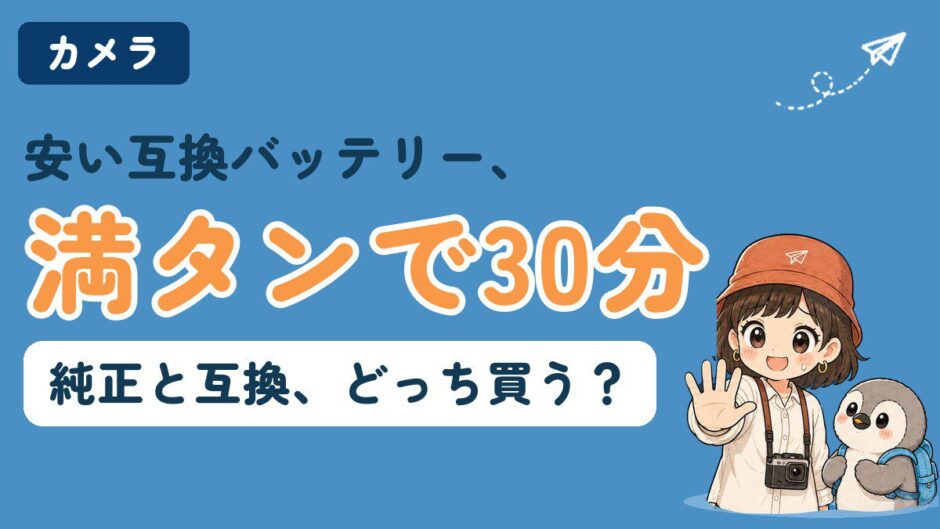 GoProの純正バッテリーと互換バッテリーを比べる記事のアイキャッチ。「安い互換バッテリー、満タンで30分」のコピーとともに、すぬが困った顔で手のひらを見せ、かぬが隣にいる