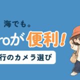 海外旅行のカメラ選びを紹介する記事のアイキャッチ。「街でも、海でも。GoProが便利！」のコピーとともに、カメラを下げたすぬが拳を上げ、かぬが隣に立っている