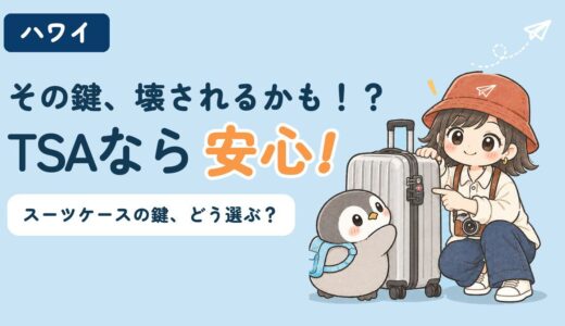 TSAロックの仕組みとスーツケースの鍵の選び方を解説する記事のアイキャッチ。「その鍵、壊されるかも！？TSAなら安心！」のコピーとともに、すぬがシルバーのスーツケースのロックを指さし、かぬがスーツケースにくっついて見上げているイラスト