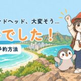 ダイヤモンドヘッド登山の行き方と予約方法を解説する記事のアイキャッチ。「ダイヤモンドヘッド、大変そう…余裕でした!」のコピーとともに、ワイキキの海とダイヤモンドヘッドを見下ろす岩場で、すぬが拳を突き上げ、かぬが羽を広げて喜んでいるイラスト