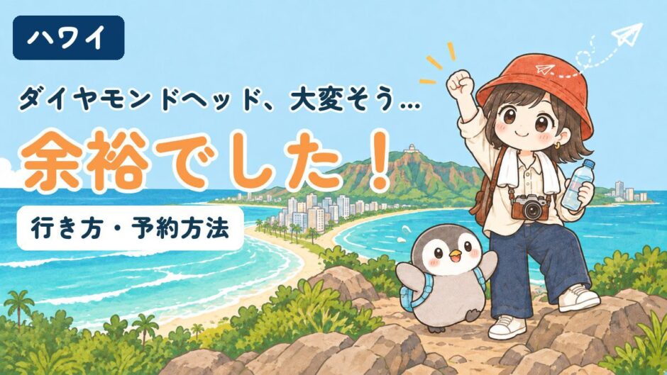 ダイヤモンドヘッド登山の行き方と予約方法を解説する記事のアイキャッチ。「ダイヤモンドヘッド、大変そう…余裕でした！」のコピーとともに、ワイキキの海とダイヤモンドヘッドを見下ろす岩場で、すぬが拳を突き上げ、かぬが羽を広げて喜んでいるイラスト