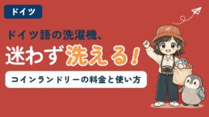 ドイツのコインランドリーの料金と使い方を解説する記事のアイキャッチ。「ドイツ語の洗濯機、迷わず洗える！」のコピーとともに、すぬが洗濯物の袋を持って手を挙げ、かぬが横に立っている