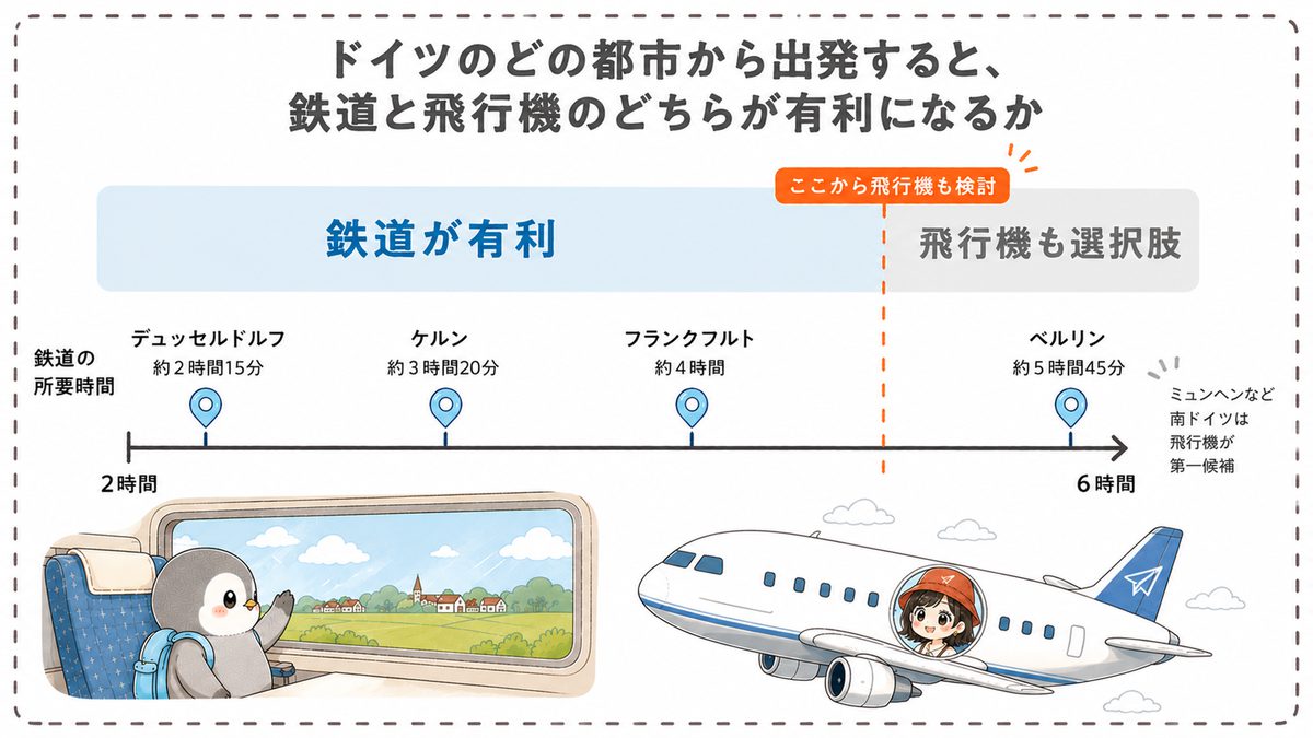 ドイツの主要4都市からアムステルダムまでの鉄道の所要時間を並べた図解。デュッセルドルフ約2時間15分、ケルン約3時間20分、フランクフルト約4時間までは鉄道が有利、ベルリン約5時間45分から飛行機も選択肢になることを示している