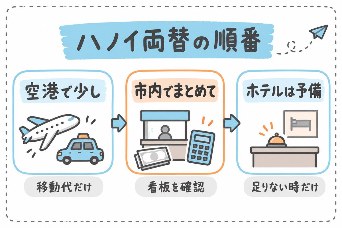 ハノイ両替の順番:空港で少し(移動代だけ)→市内でまとめて(看板を確認)→ホテルは予備(足りない時だけ)