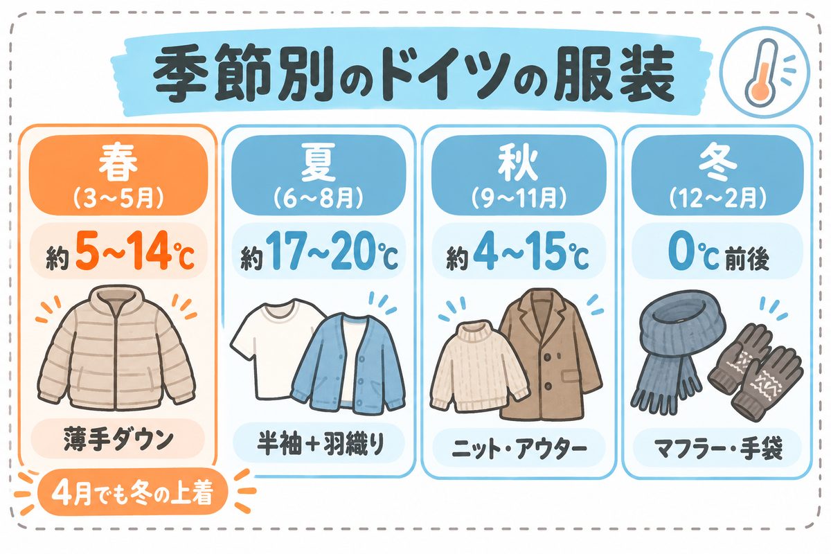 季節別のドイツの服装。春は約5〜14℃で薄手ダウン、夏は約17〜20℃で半袖と羽織り、秋は約4〜15℃でニット・アウター、冬は0℃前後でマフラー・手袋