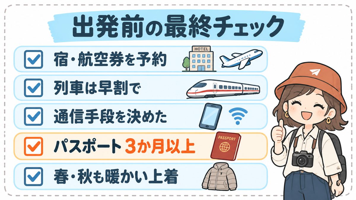 出発前の最終チェック。宿・航空券を予約、列車は早割で、通信手段を決めた、パスポートは3か月以上、春・秋も暖かい上着の5項目