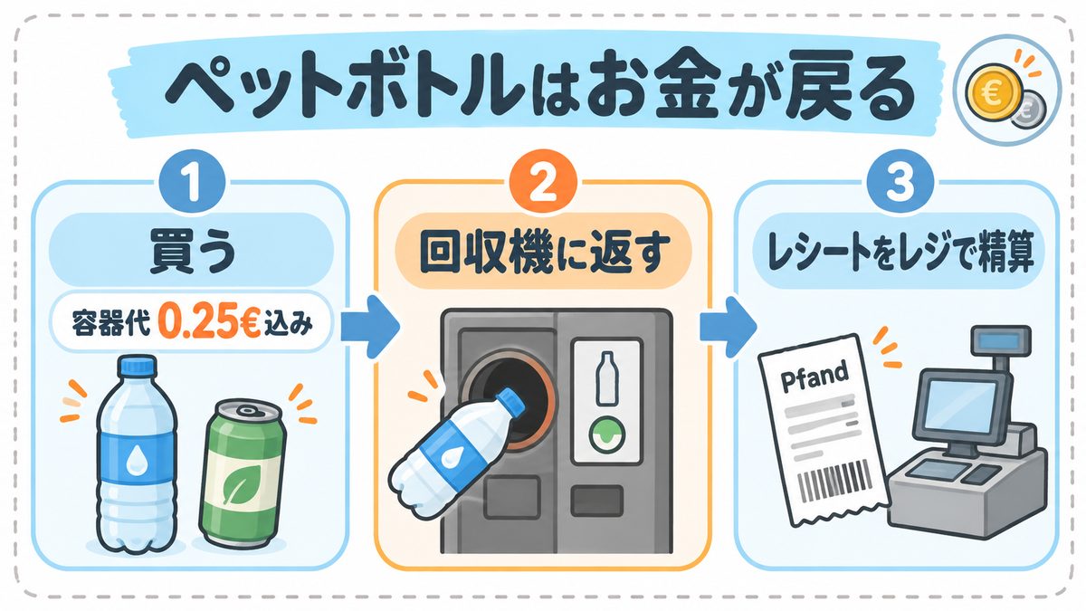 ドイツのペットボトル・缶のデポジット（Pfand）でお金が戻る流れ。容器代0.25€込みで買い、回収機に返し、レシートをレジで精算する