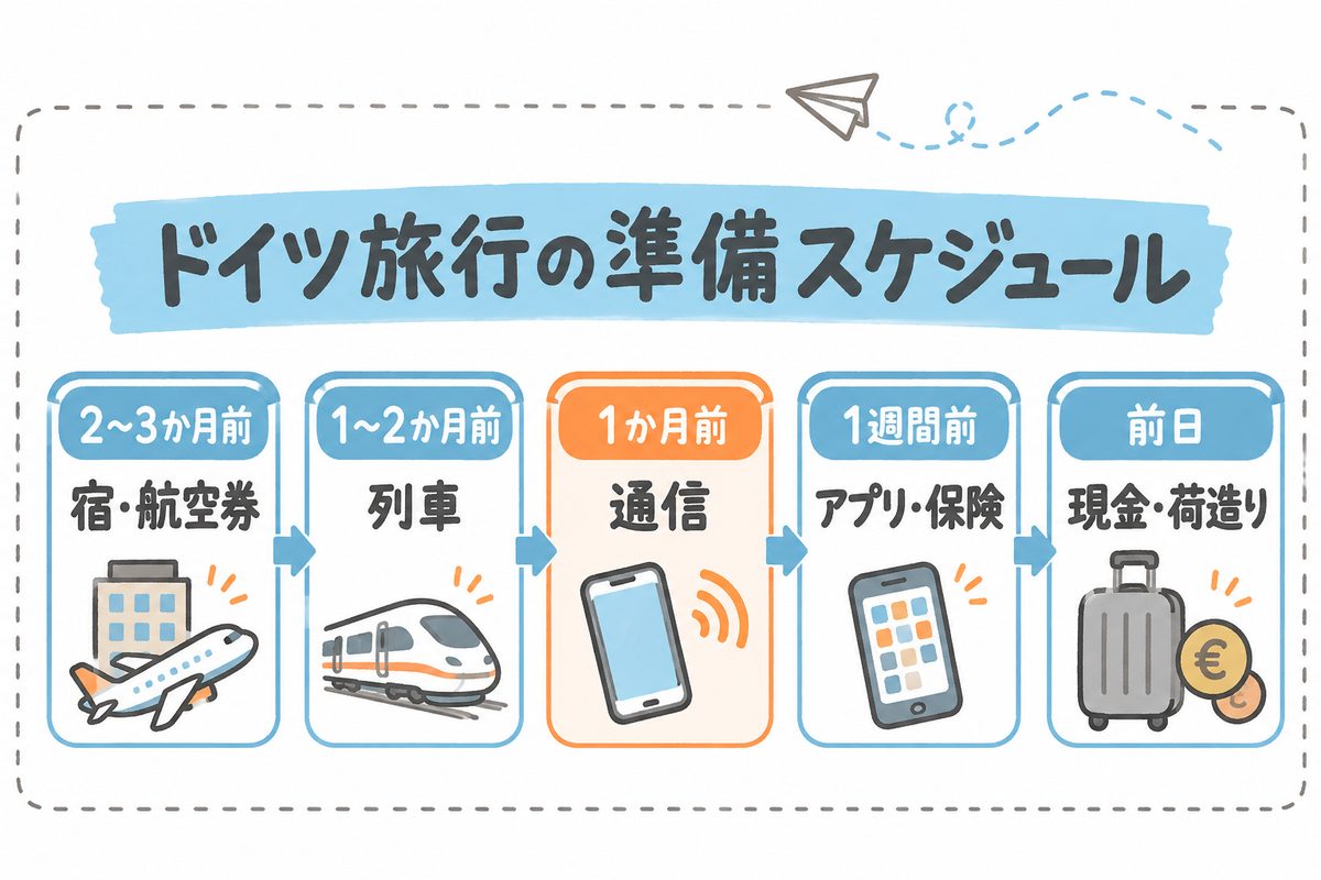ドイツ旅行の準備スケジュール。2〜3か月前に宿・航空券、1〜2か月前に列車、1か月前に通信、1週間前にアプリ・保険、前日に現金・荷造り